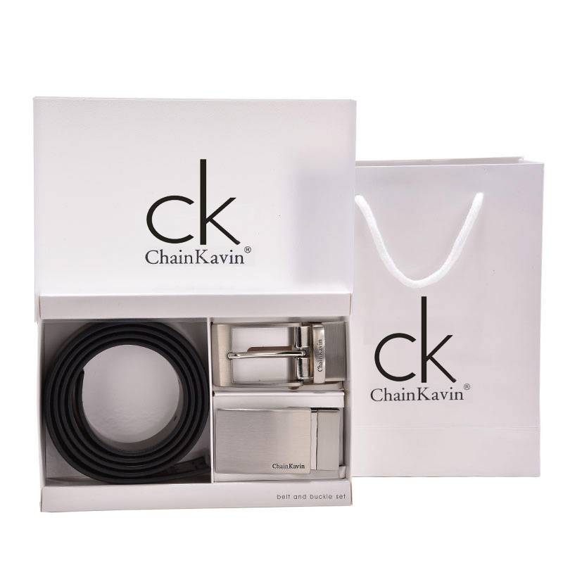 正品ChainKavin CK-187皮带男平滑扣百搭青年牛皮裤腰带针扣礼盒