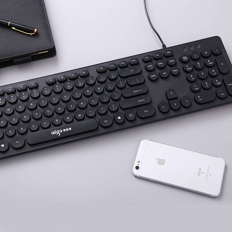 爱国者复古朋克圆键帽有线键盘巧克力办公家用笔记本台式机电脑发光