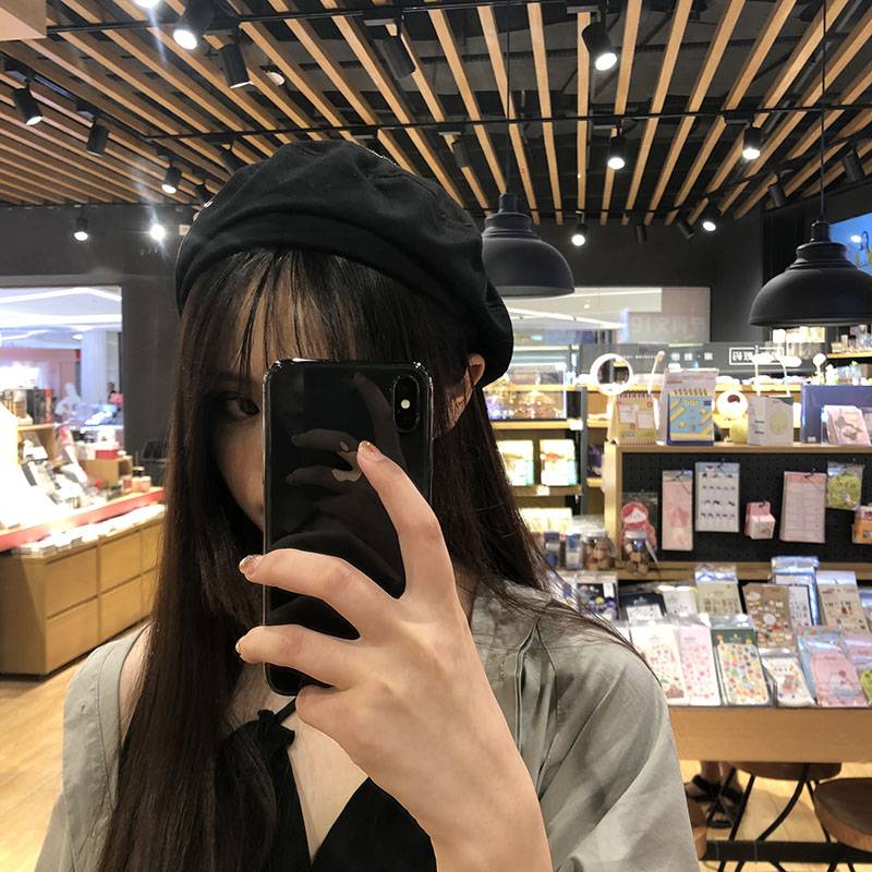贝雷帽女日系夏季薄款透气复古文艺画家帽百搭纯黑色八角帽秋冬天