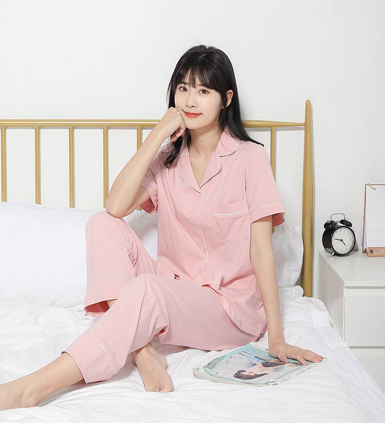 纯棉短袖睡衣女夏宽松休闲套装全棉薄款学生家居服长裤外穿两件套