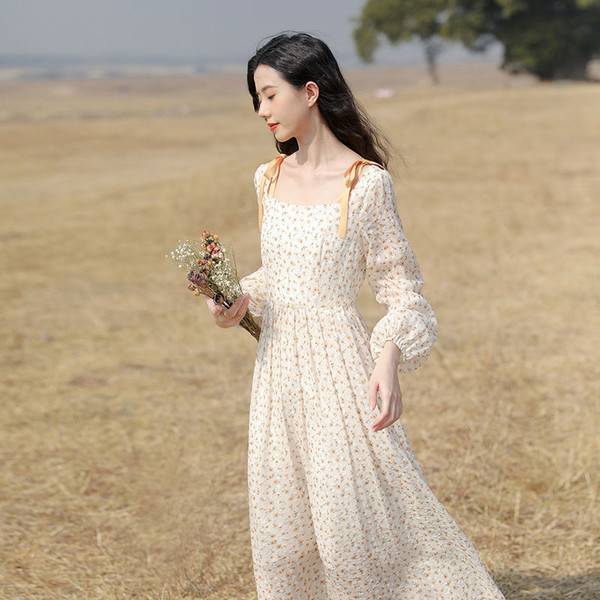 气质温柔风裙子春夏超仙森系雪纺碎花连衣裙