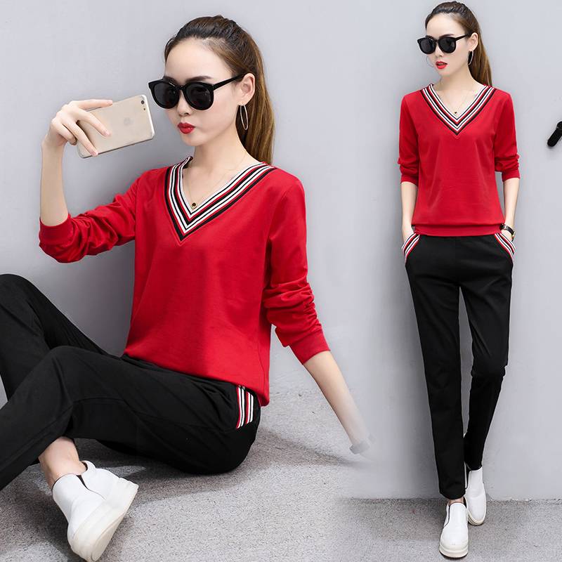 大码女装修身显瘦休闲服春秋薄款两件套v领长袖女士跑步运动套装
