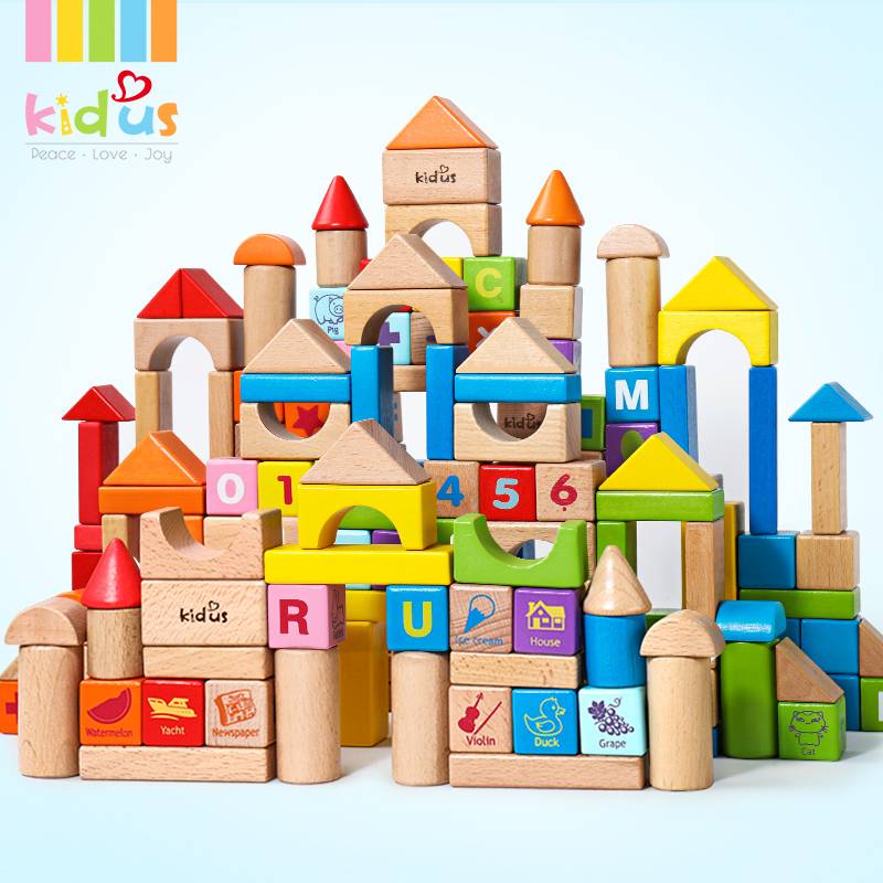 kidus儿童积木木头拼装宝宝玩具益智1-3-6岁男孩女孩实木桶装早教